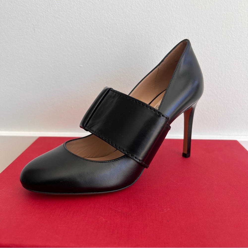 Valentino Garavani Black Leather Mary Jane Pump with Red Stiletto Heel
